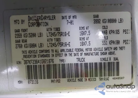 2001 Dodge Ram 2500 St z USA, uszkodzony, nr VIN 3B7KF23641G821876